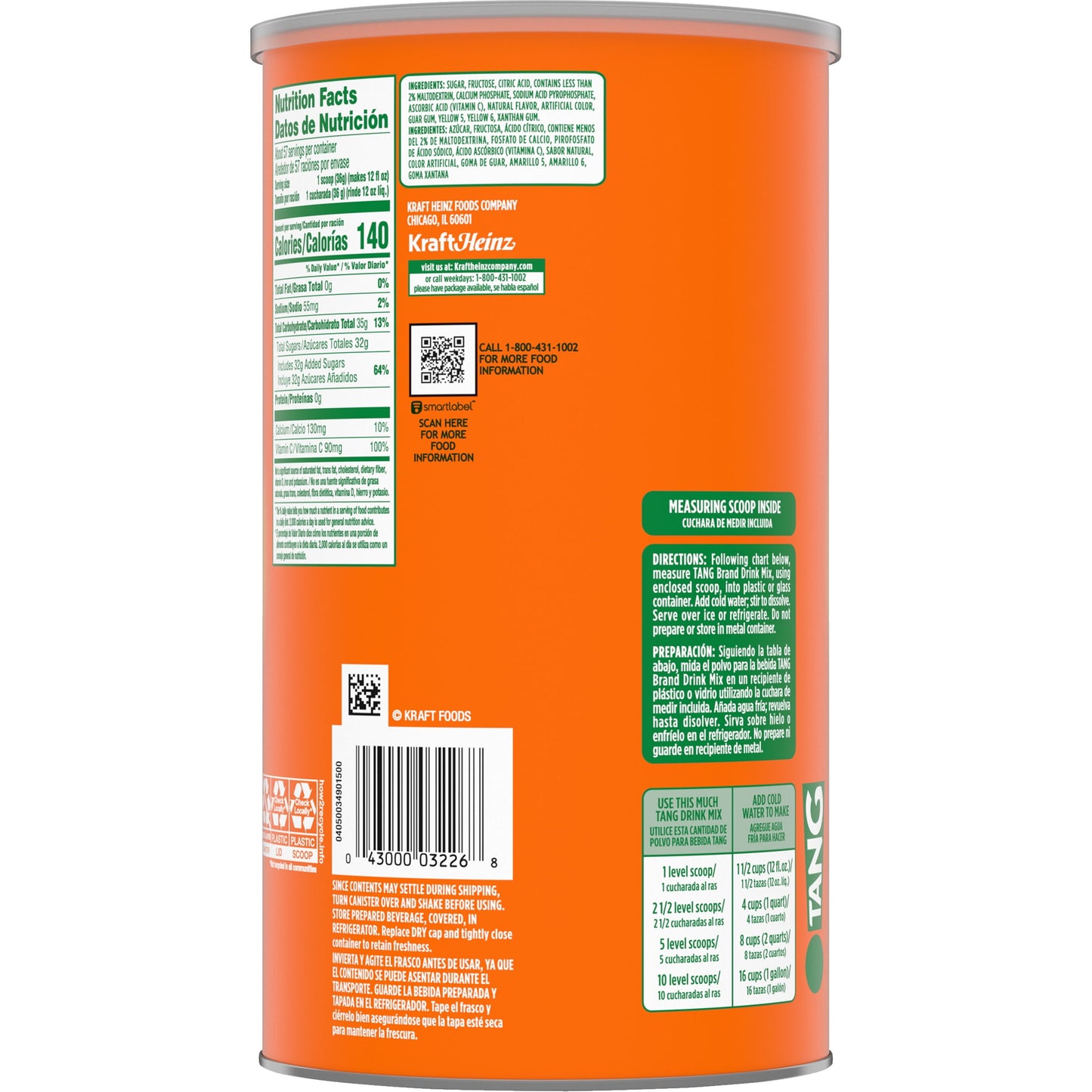 Tang Orange Naturally Flavored Powdered Soft Drink Mix, 4.5 lb Canister