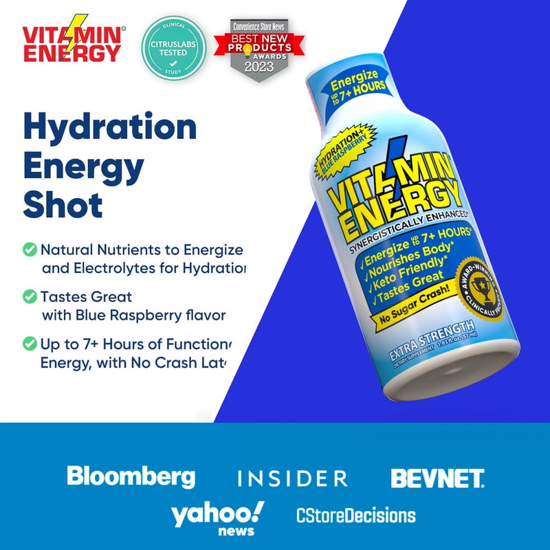 Vitamin Energy Hydration+ Energy Drink Shots, Blue Raspberry flavor, Up to 7+ Hours of Energy, 1.93 Fl Oz, 12 Count