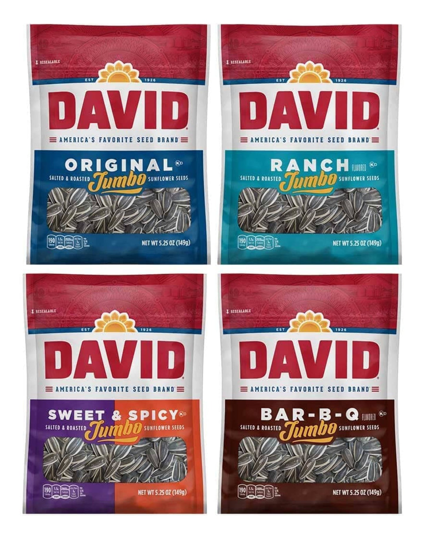 David Sunflower Seeds Variety Pack, 4 Essential Flavors, 5.25 Ounce Each, 1 Bag per Flavor