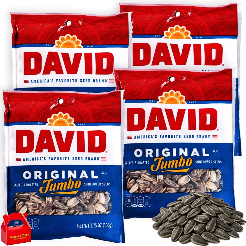 DAVID Original Jumbo Sunflower Seeds, 4-Pack (3.7 oz. Each) Bag, Roasted & Salted, Classic Flavor, Keto Friendly Low Carb Snack, High Protein Snack for Sports, Travel, On-the-Go 14.8 oz. Total