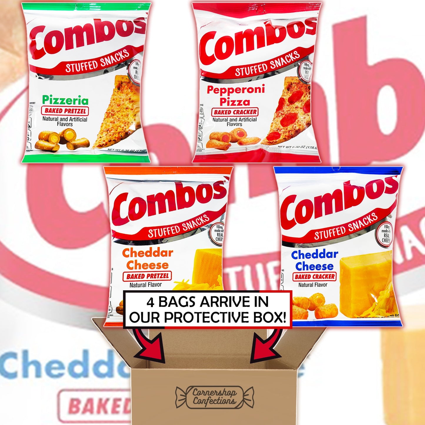 Combos Stuffed Snack 4 Flavors 1 Each Bulk Variety Share Pack - Pepperoni Pizza Baked Cracker, Cheddar Cheese Cracker, Pizzeria Baked Pretzel, Cheddar Cheese Pretzel In Cornershop Confections Pack