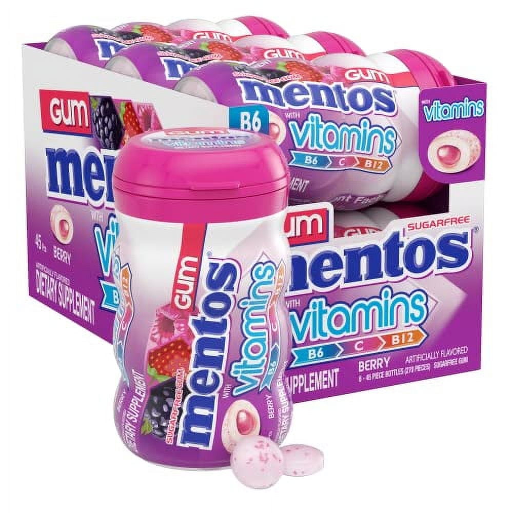 Mentos Gum with Vitamins, Sugar-Free Chewing Gum with Xylitol, Berry Flavor 45 Piece Bottle (Pack of 6)
