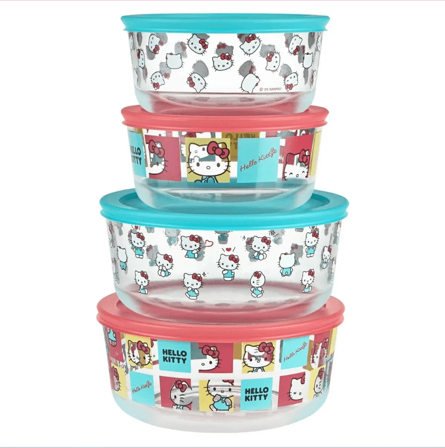 Pyrex Hello Kitty Decorated Glass Food Storage Set, 8-Piece, BPA-Free, Made in USA