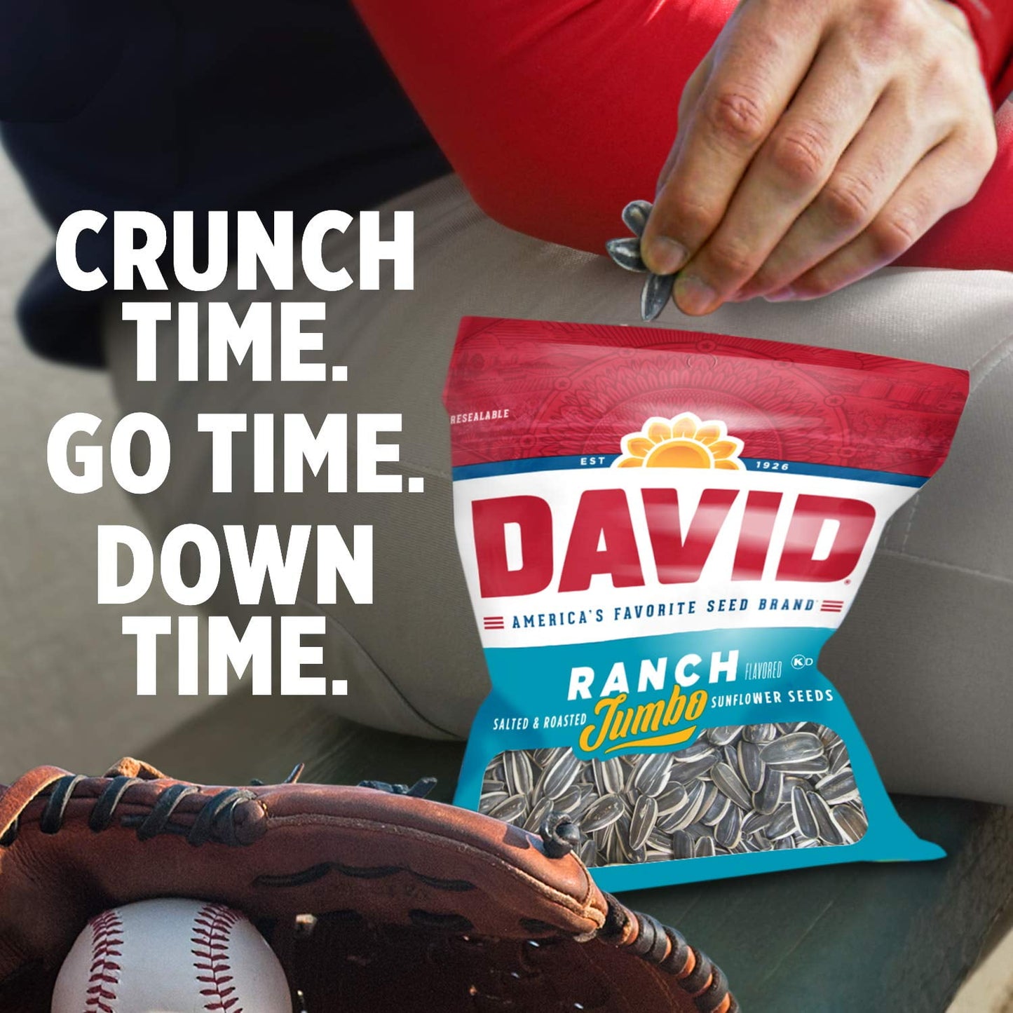DAVID Jumbo Ranch Sunflower Seeds, 4-Pack (3.7 oz. Each) Bag, Roasted & Salted, Ranch Flavored Snack, Crunchy Keto Friendly Low Carb Snack for Sports, Travel, Camping, Movie Nights 14.8 oz. Total