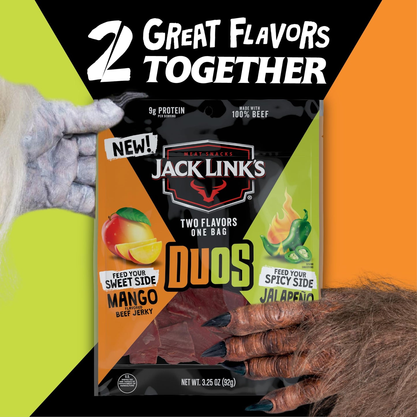 Jack Link's DUOsUMRT Jalapeño and Mango Beef Jerky, Shareable Under 100 Calories Snack Packs with 9g of Protein, Feed Your Beast Side With Individual Bags of Meat Snacks - 3.25oz (4 Count)