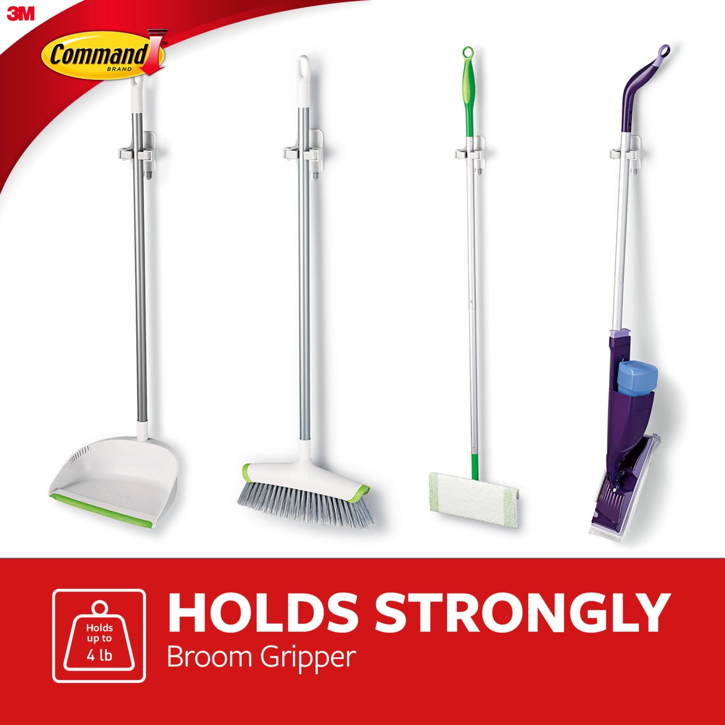 Command Broom and Mop Grippers Wall Hook, White, Damage Free Organizing, 2 Hangers