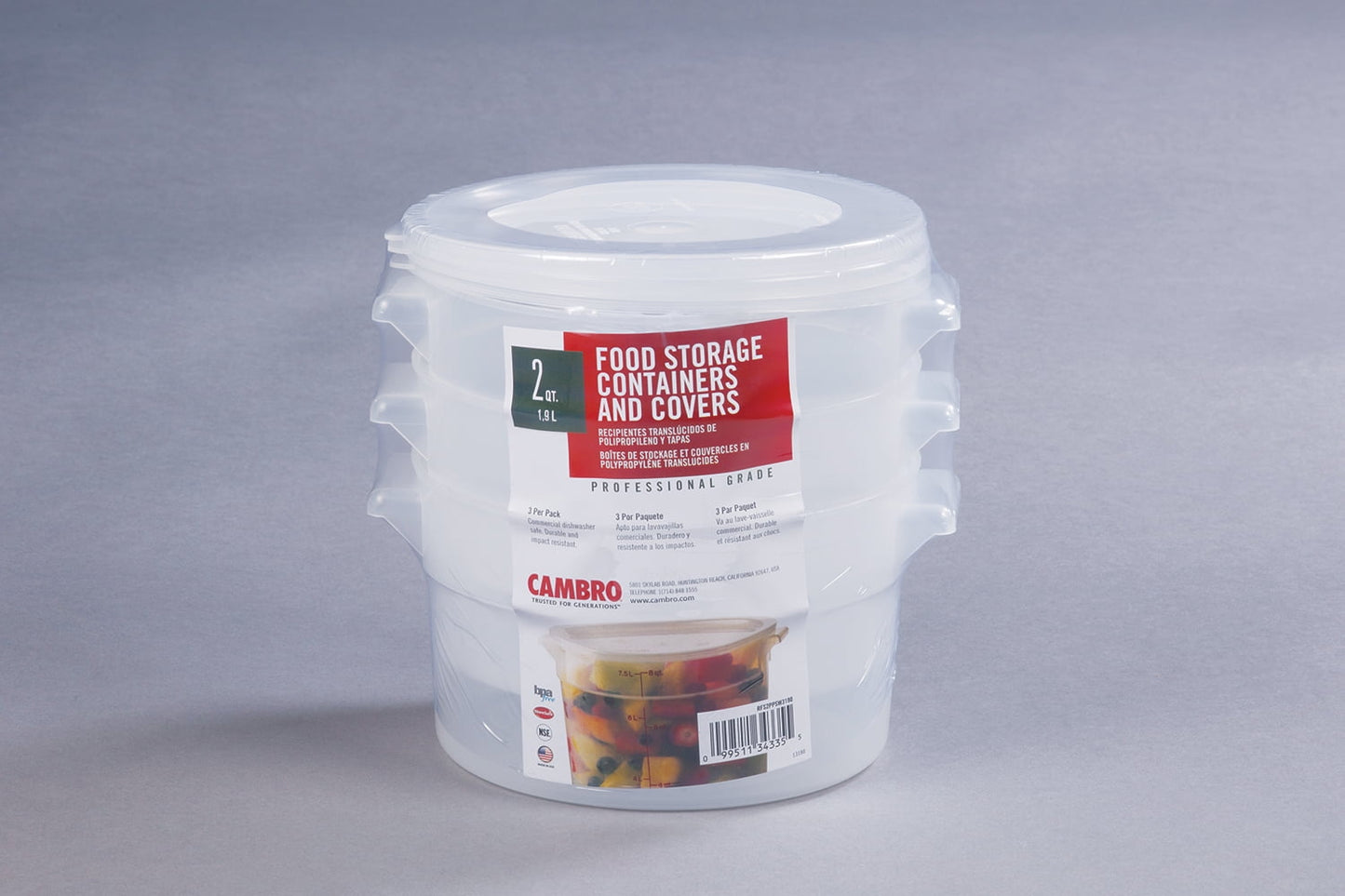 Cambro Food Storage Containers and Covers, 2 Quart, 3 Pack