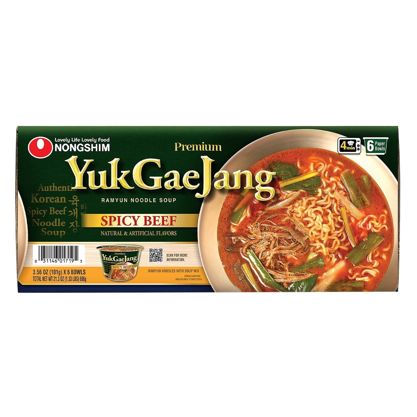 Nongshim Premium YukGaeJang Ramyun Noodle Soup, Spicy Beef, 3.56 Ounce (6 Count)