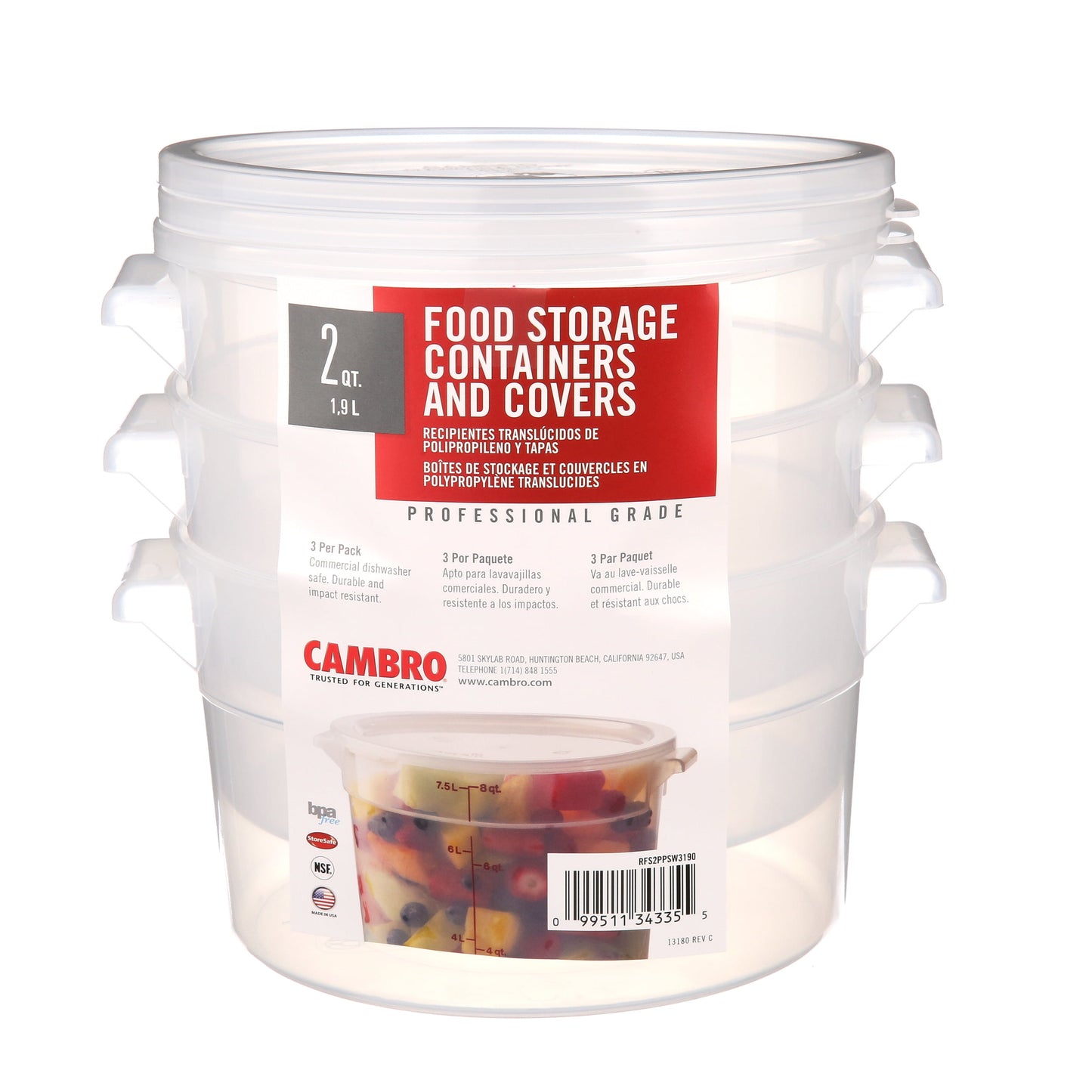 Cambro Food Storage Containers and Covers, 2 Quart, 3 Pack