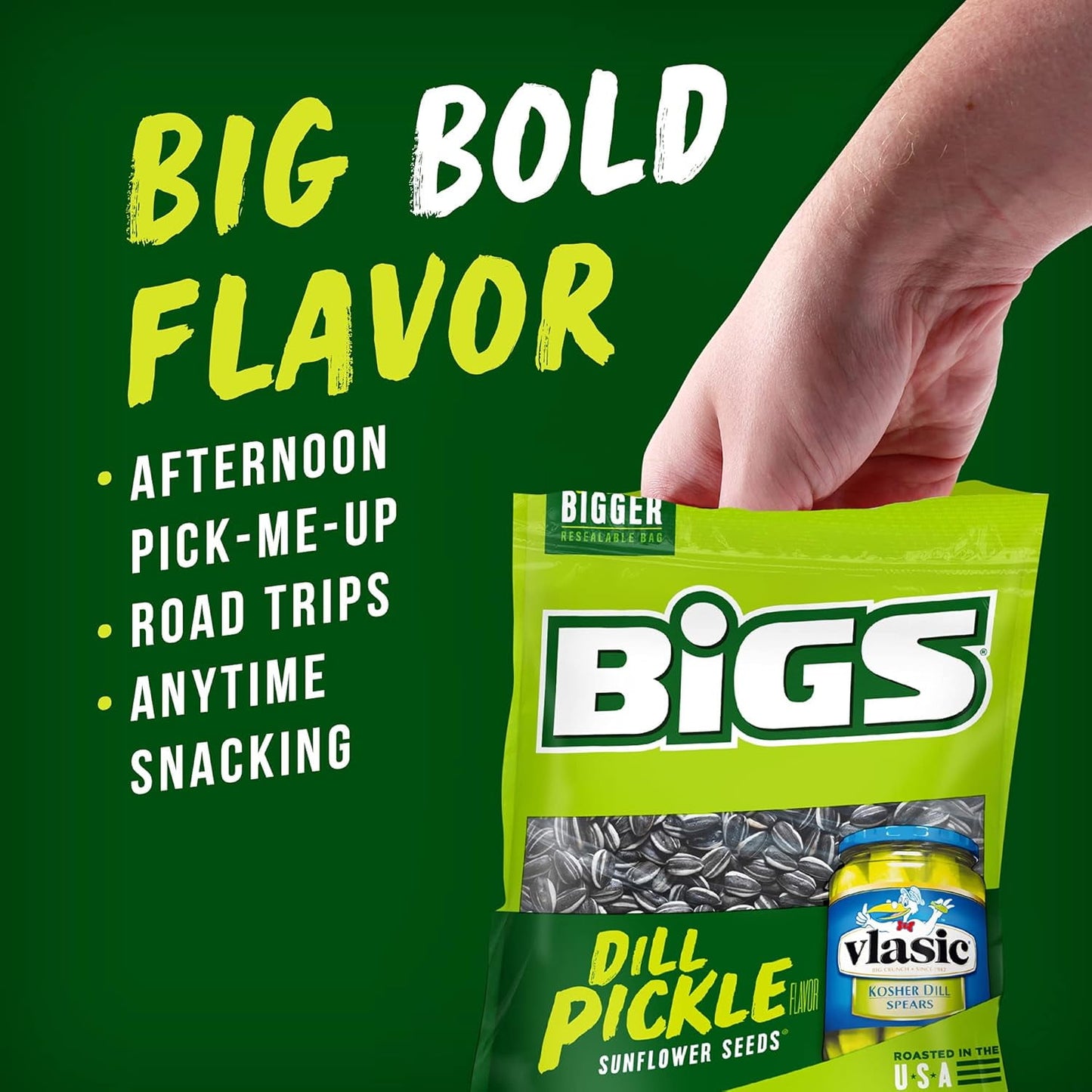BIGS Vlasic Dill Pickle Sunflower Seeds, 4-Pack (3.6 oz. Each), Keto Friendly Low Carb Snack, Roasted in USA, Bold Crunchy Flavor, Protein On-the-Go, 14.4 oz. Total