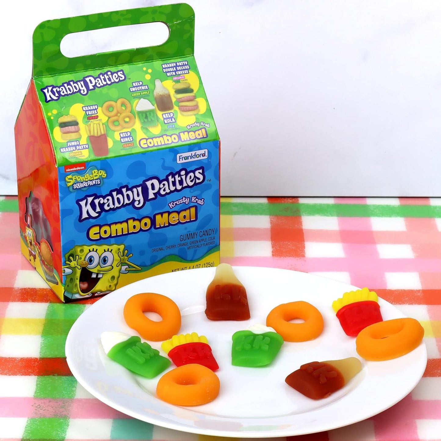 SpongeBob Squarepants Krabby Patties Gummy Candy Combo Meal, 6pk, Each Box Includes Individually wrapped Krabby Patty Burgers, 26.4oz Total with Spongebob Waterproof Sticker. Sticker May Vary
