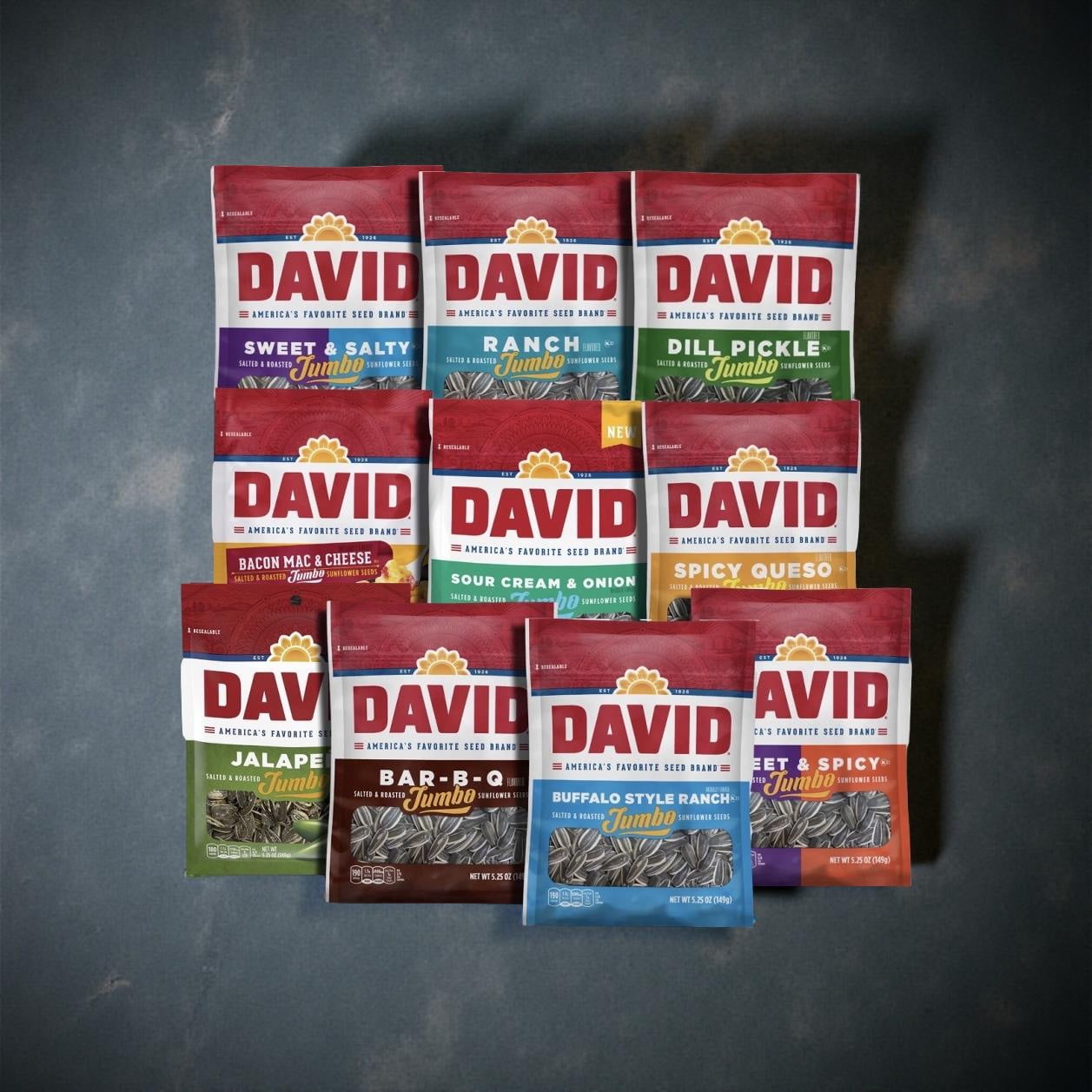 David Sunflower Seeds Variety Pack, 10 Bags May include BBQ, Dill Pickle, Ranch, Bacon Mac n Cheese, Buffalo Ranch, Sweet & Salty, Sweet & Spicy, Jalapeno, Sour Cream & Onion Or Spicy