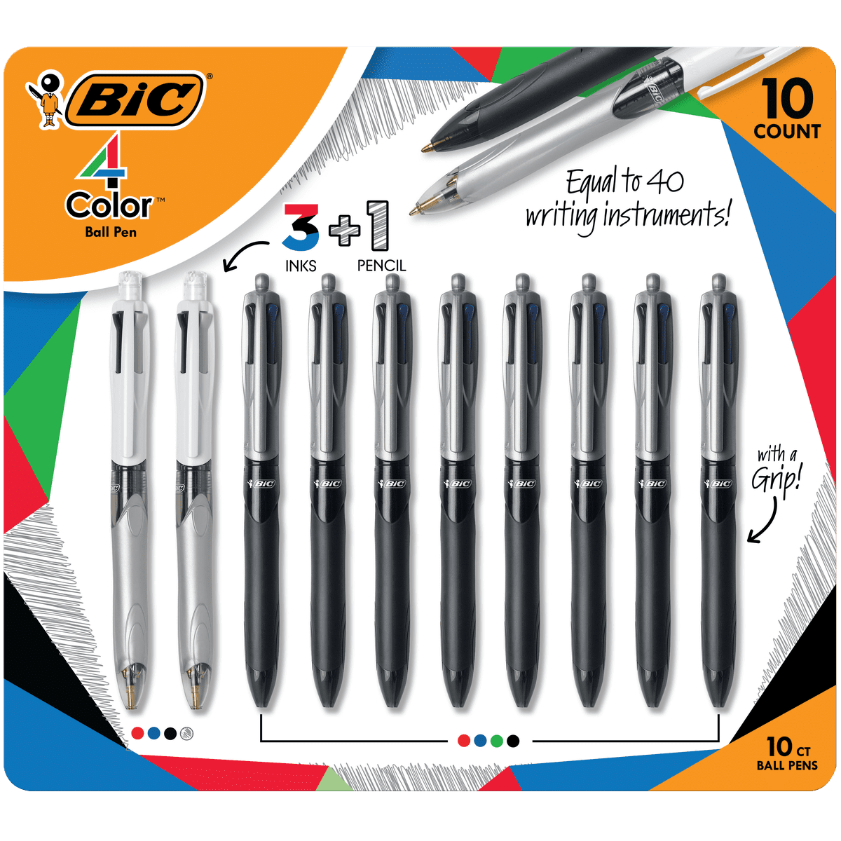 BIC Grip 4 Color Ball Pens with 3 Color + Pencil Set, 10-count