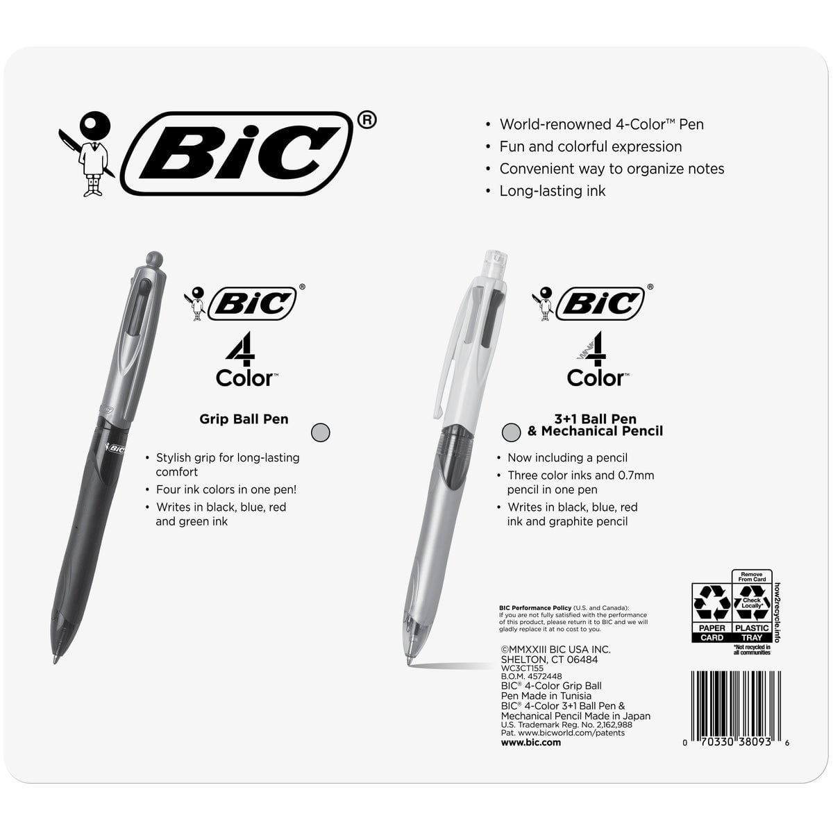 BIC Grip 4 Color Ball Pens with 3 Color + Pencil Set, 10-count