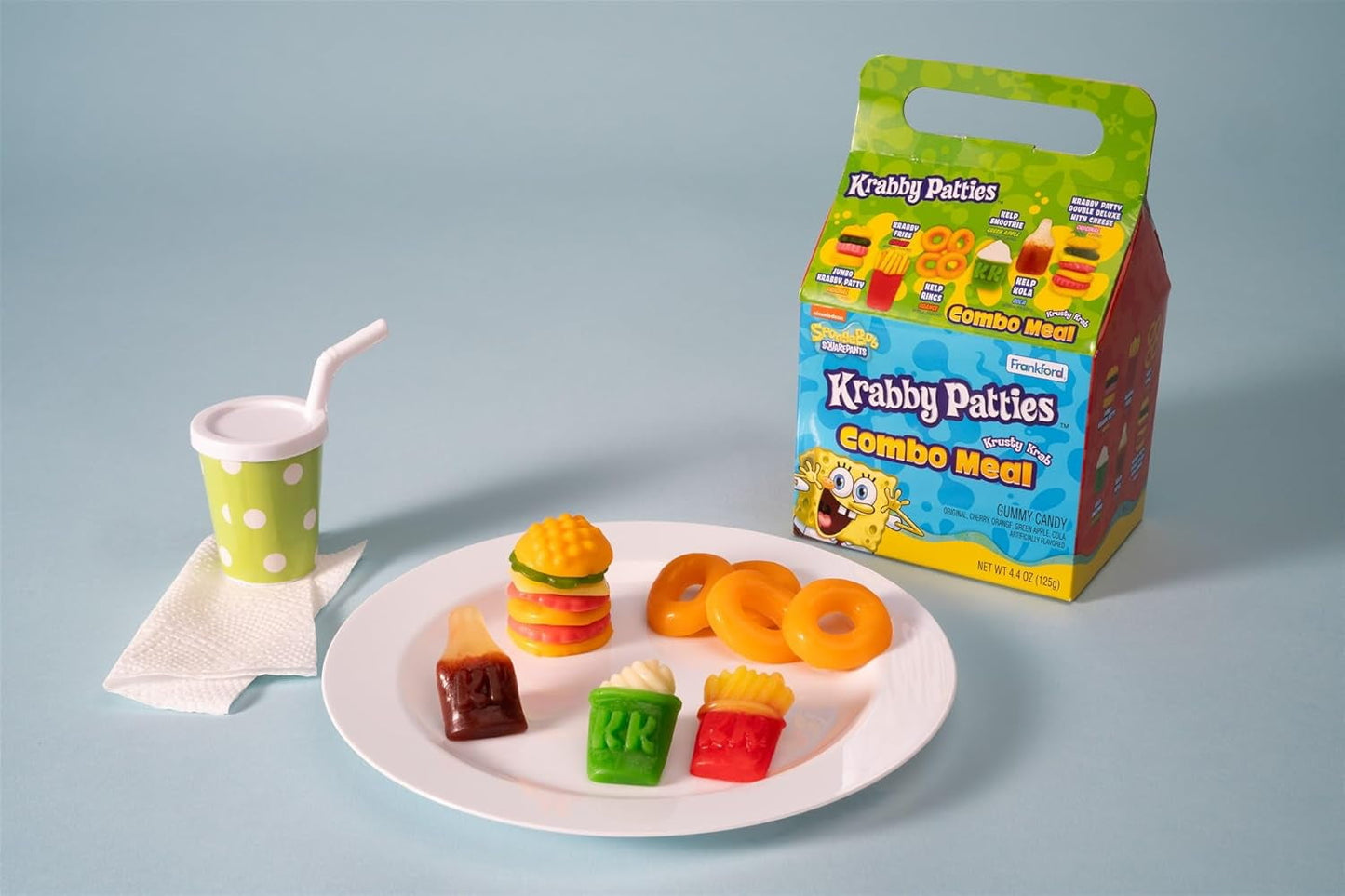 SpongeBob Squarepants Krabby Patties Gummy Candy Combo Meal, 6pk, Each Box Includes Individually wrapped Krabby Patty Burgers, 26.4oz Total with Spongebob Waterproof Sticker. Sticker May Vary
