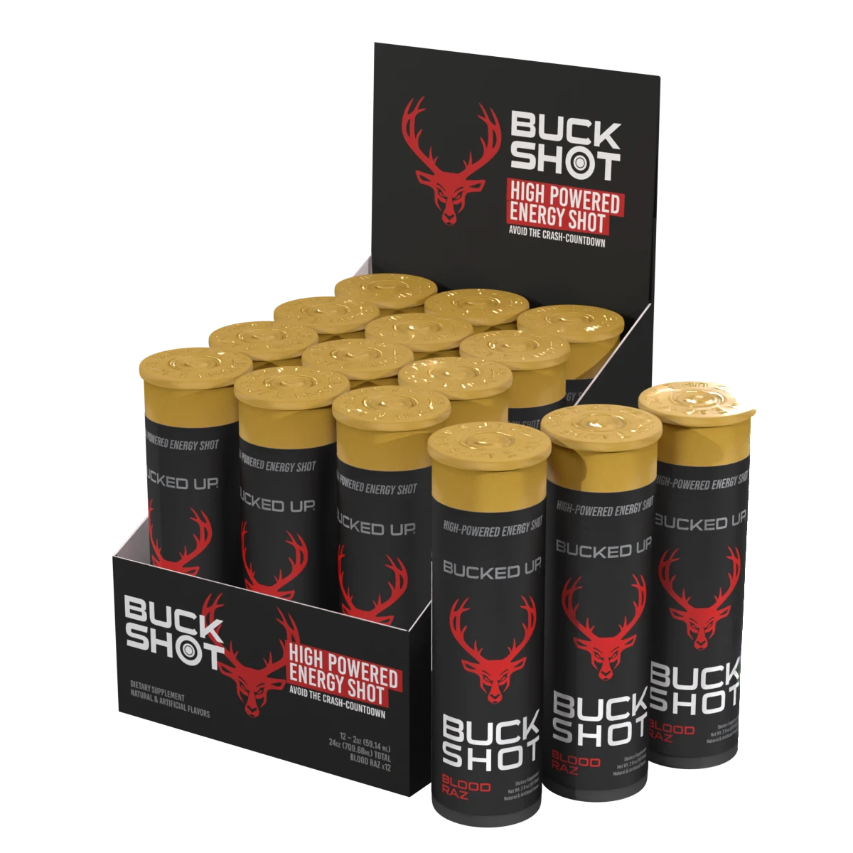 Bucked Up Buck Shot Energy Shot, Rocket Pop, 2 fl oz Bottles, 12 Pack