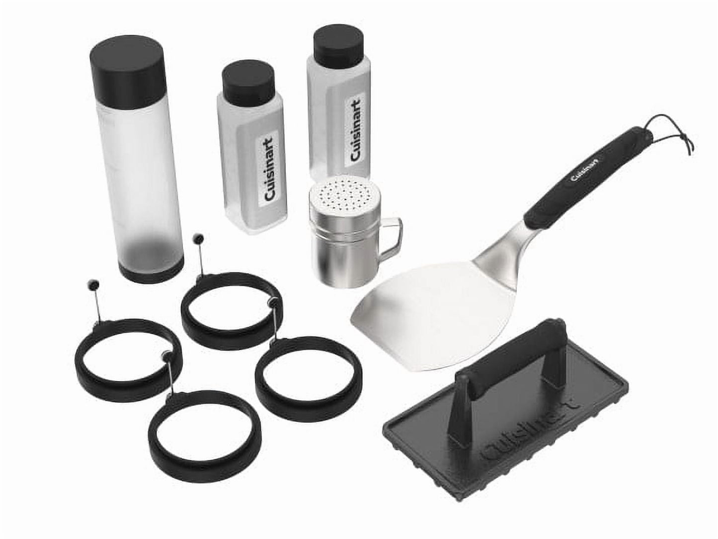 Cuisinart 10 Piece Griddle Tool Set, Stainless Steel Spatula, Cast Iron Burger Press, Squeeze Bottles, Seasoning Shaker, Silicone Egg Rings