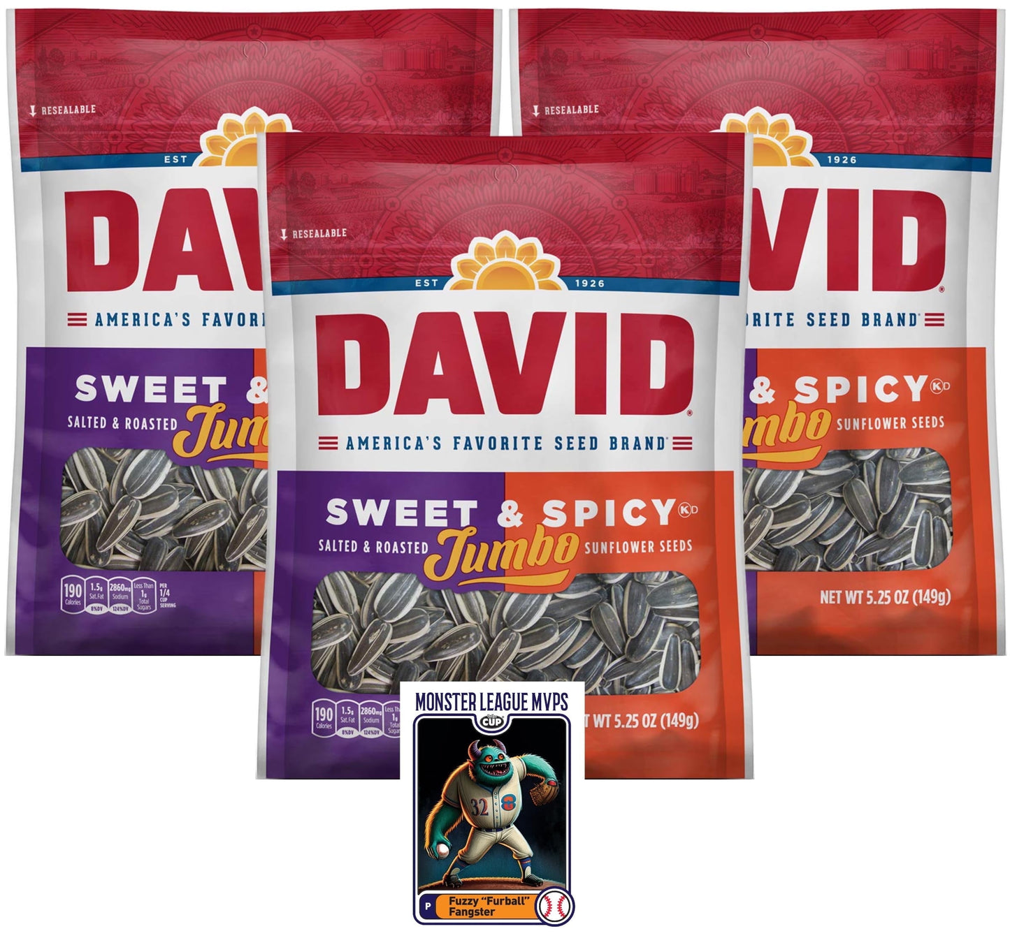 David Sweet & Spicy Jumbo Sunflower Seeds, 5.25 oz (Pack of 3) with By The Cup Baseball Card