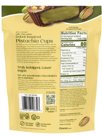 ChocXO Milk Chocolate Dubai Inspired Pistachio Cups, 14.8 Ounce