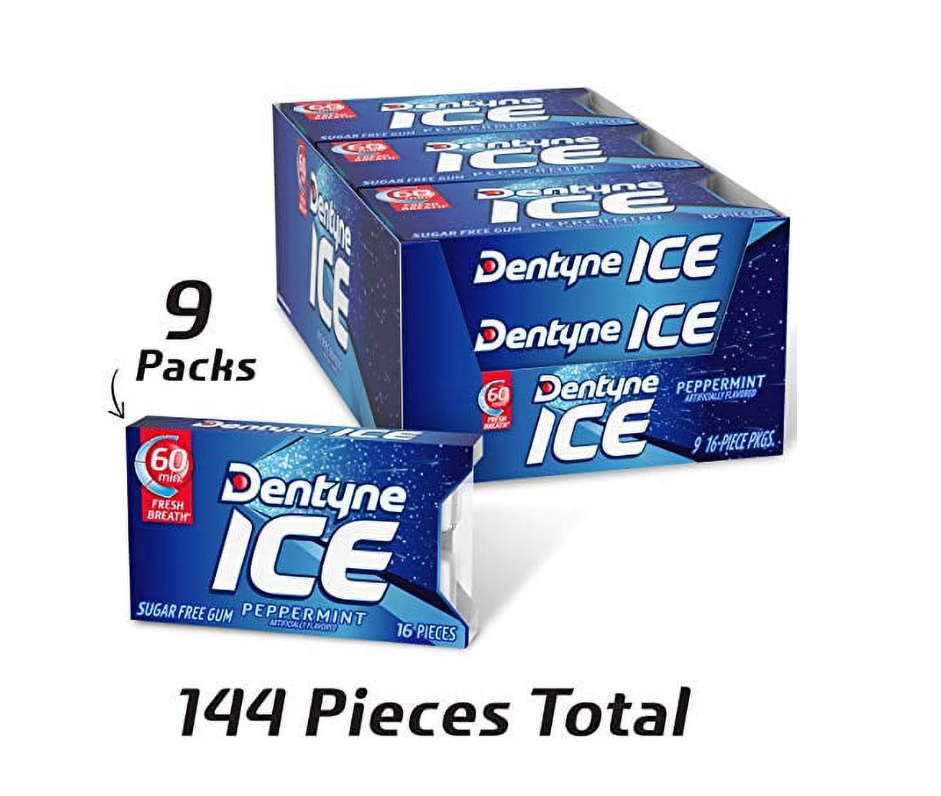 Dentyne Ice Peppermint Sugar Free Gum, 9 Packs of 16 Pieces (144 Total Pieces)