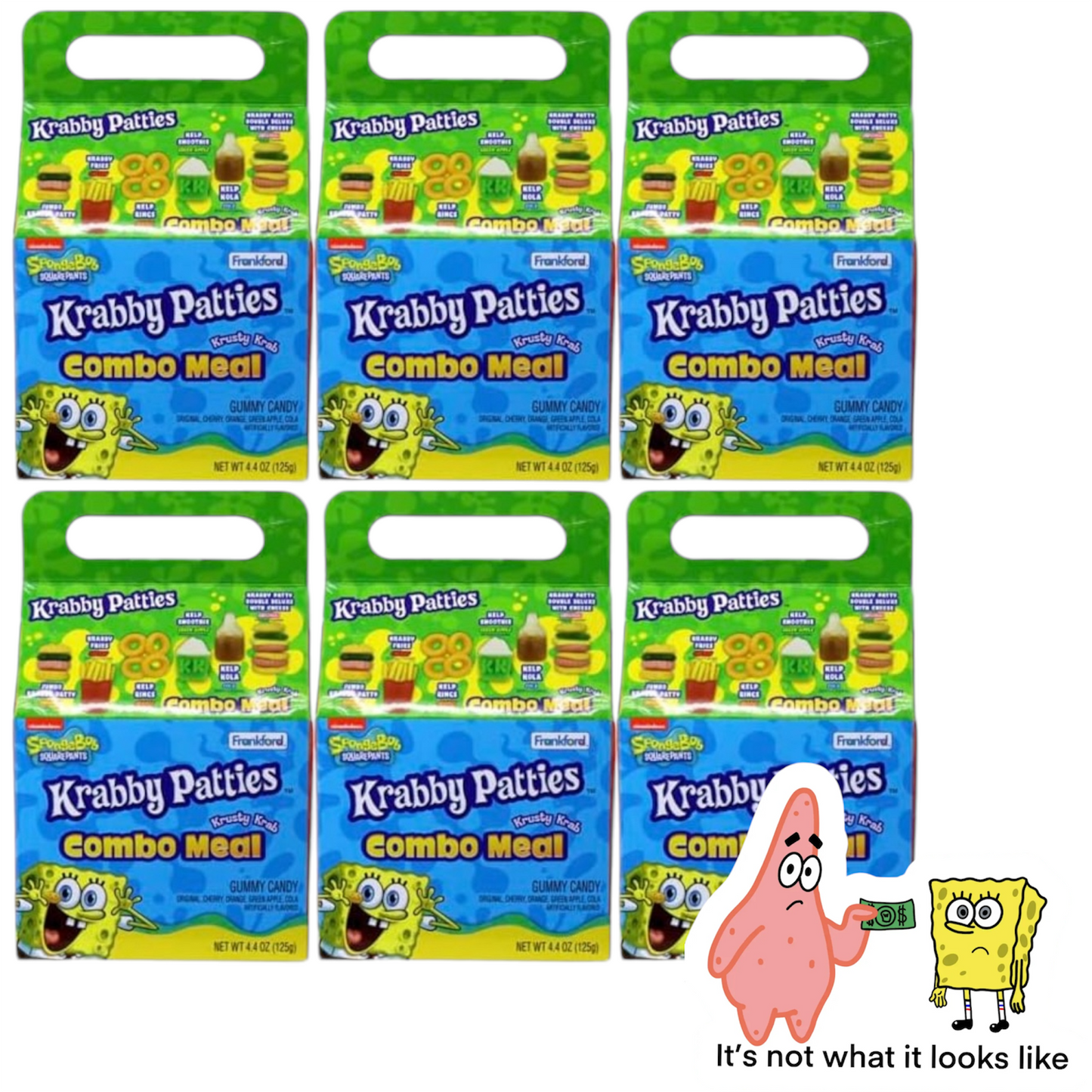 SpongeBob Squarepants Krabby Patties Gummy Candy Combo Meal, 6pk, Each Box Includes Individually wrapped Krabby Patty Burgers, 26.4oz Total with Spongebob Waterproof Sticker. Sticker May Vary