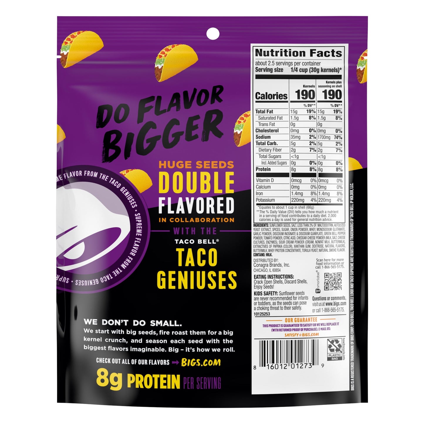 Bigs Taco Bell Taco Supreme Sunflower Seeds, Keto Friendly Snack, Low Carb Lifestyle, 5.35 oz. Bag
