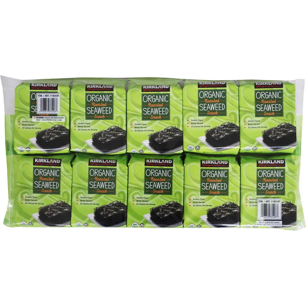 Kirkland Signature Organic Roasted Seaweed with Sesame Oil 0.6 Ounce (10 Count)