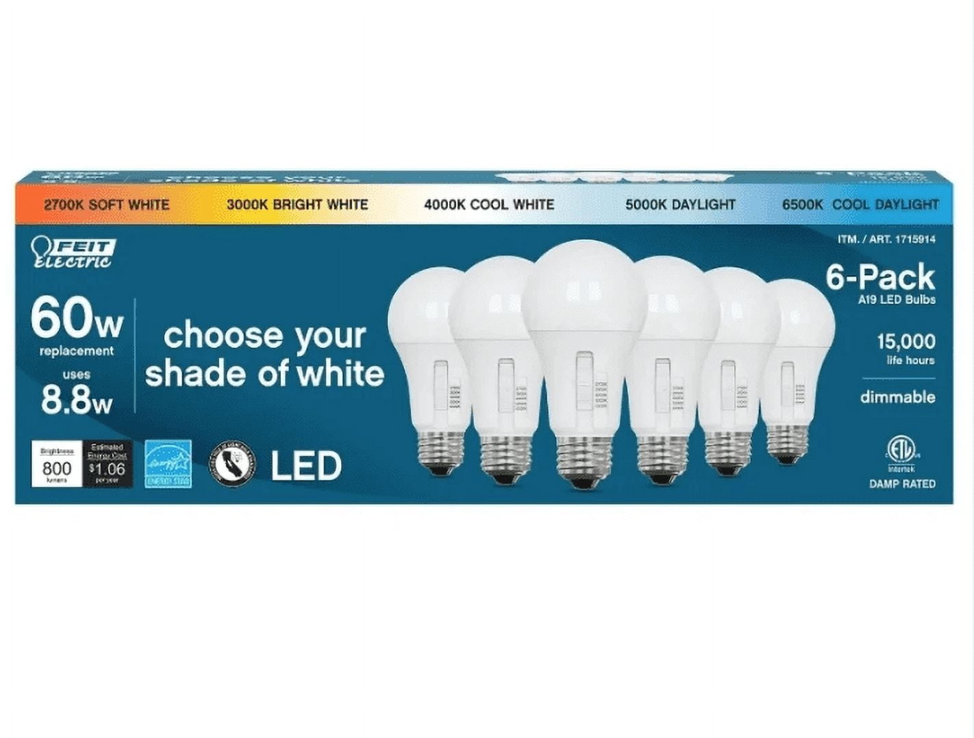 Feit Electric 60 Watt A19 E26 Dimmable LED Bulb Selectable Color (6-Pack) New