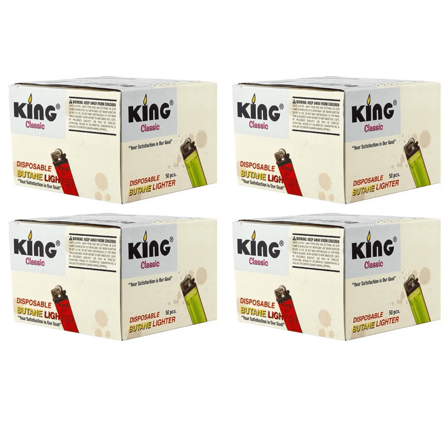 King Classic Disposable Butane Lighters Assorted Colors 50 Lighters Per Box 200 Count 4 Boxes