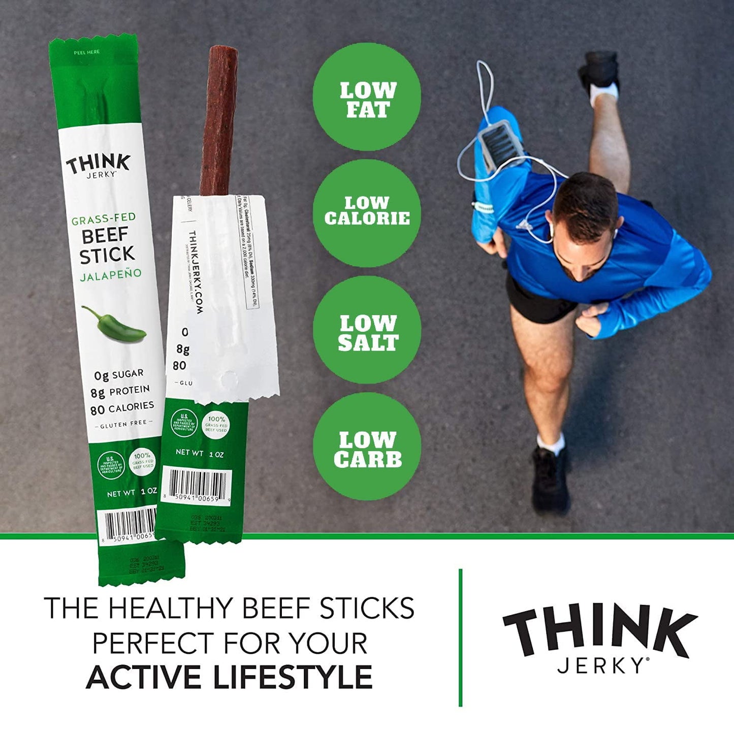 Think Jerky Jalapeno Beef Sticks, Gluten and Sugar Free, No Nitrates, Keto Paleo Friendly High Protein Low Carb Meat Snack - 1.0 oz Sticks, 20 Pack