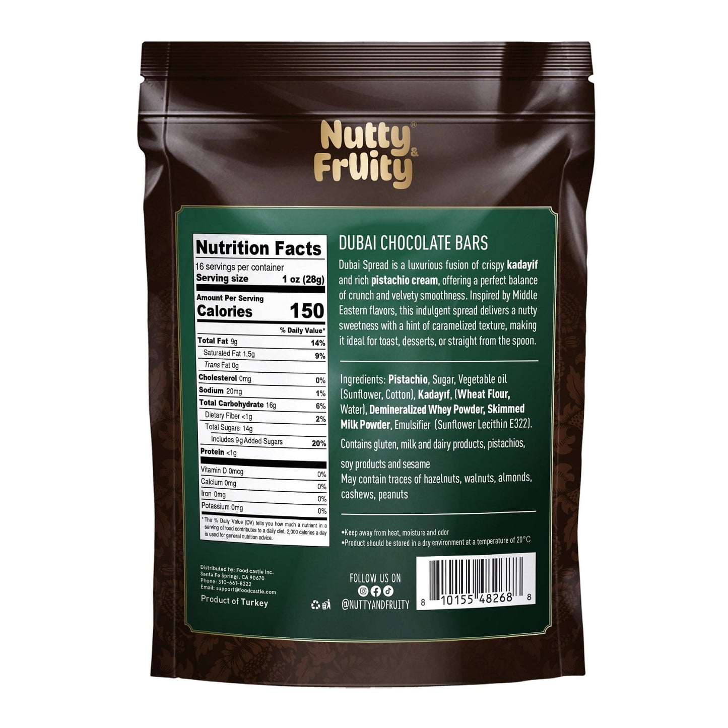 Nutty Fruity Dubai Chocolate Bars, Milk Chocolate Filled with Pistachios and Crunchy Kaday?f, 16oz (454g), Individually Wrapped