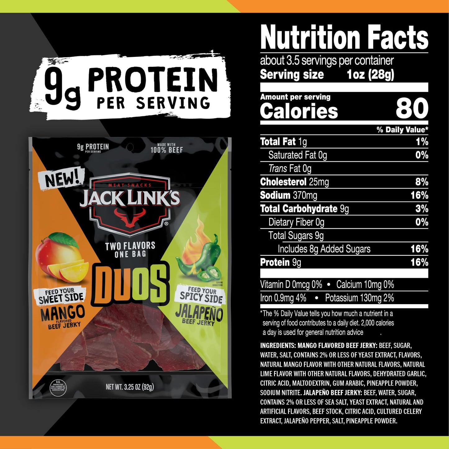 Jack Link's DUOsUMRT Jalapeño and Mango Beef Jerky, Shareable Under 100 Calories Snack Packs with 9g of Protein, Feed Your Beast Side With Individual Bags of Meat Snacks - 3.25oz (4 Count)