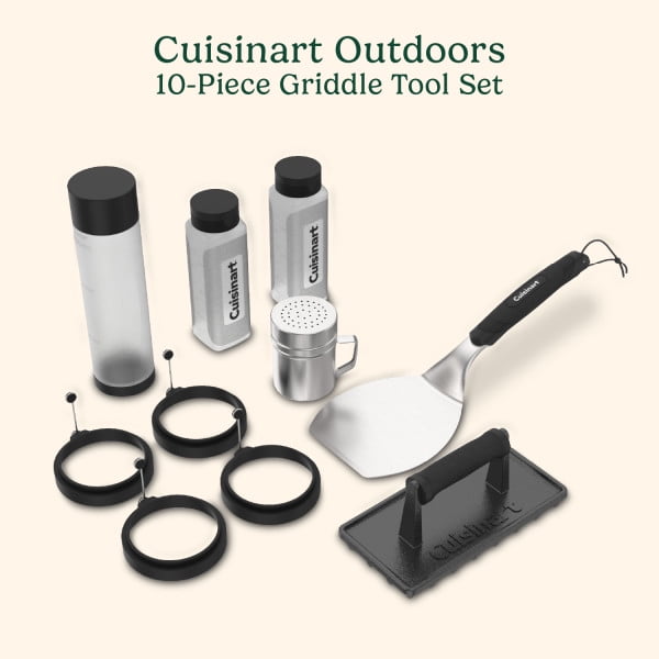 Cuisinart 10 Piece Griddle Tool Set, Stainless Steel Spatula, Cast Iron Burger Press, Squeeze Bottles, Seasoning Shaker, Silicone Egg Rings