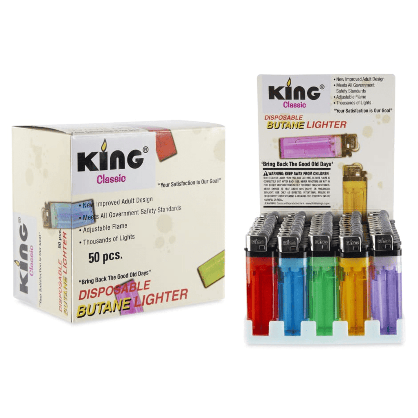 King Classic Disposable Butane Lighters Assorted Colors 50 Lighters Per Box 200 Count 4 Boxes