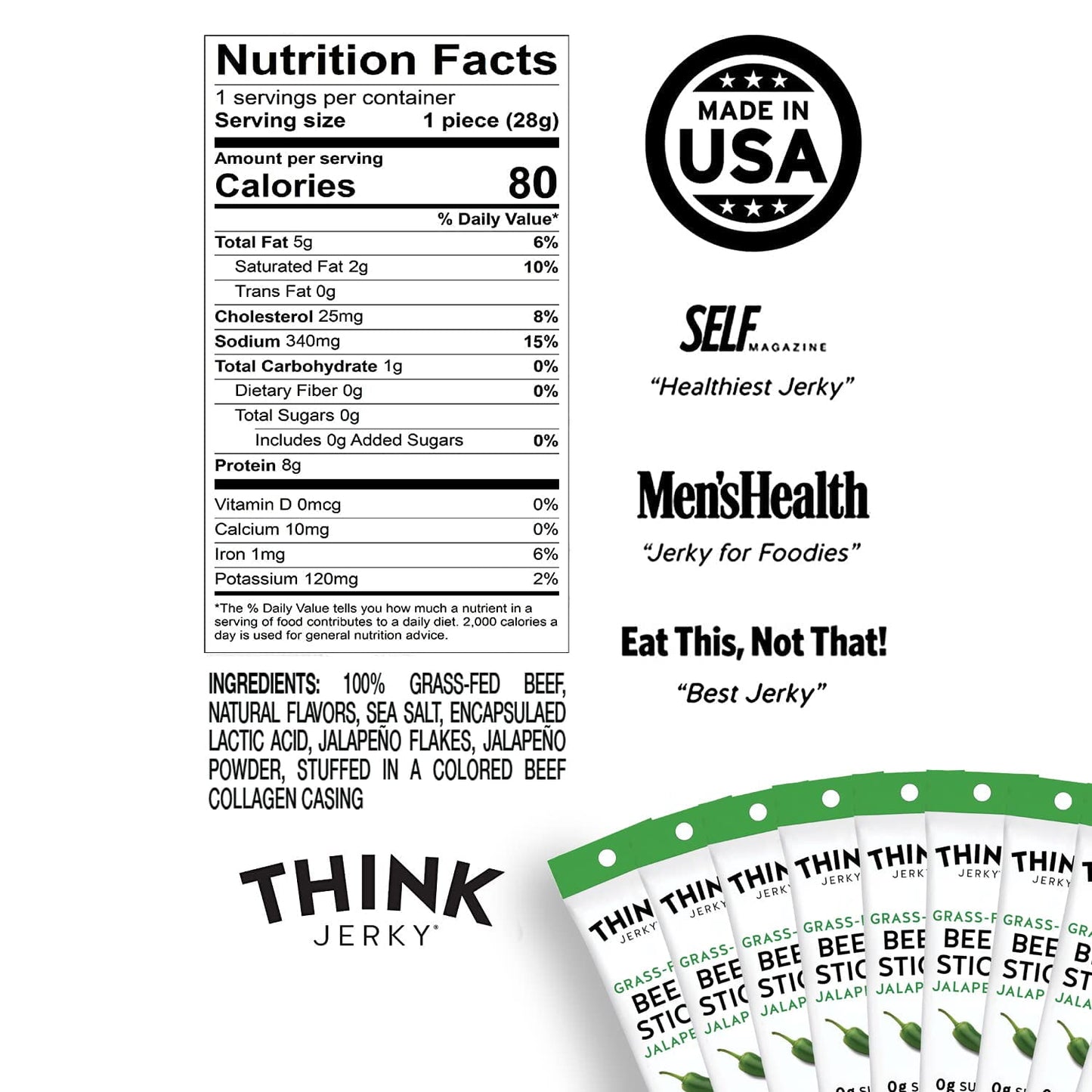 Think Jerky Jalapeno Beef Sticks, Gluten and Sugar Free, No Nitrates, Keto Paleo Friendly High Protein Low Carb Meat Snack - 1.0 oz Sticks, 20 Pack