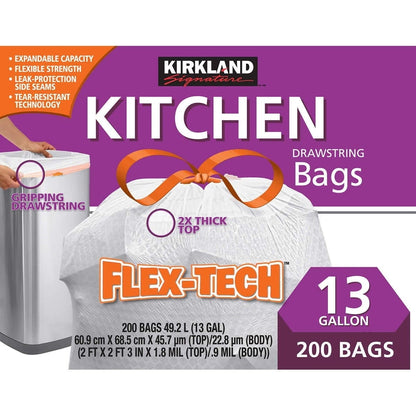 Kirkland Signature Flex-Tech 13-Gallon Kitchen Trash Bag, 200-count