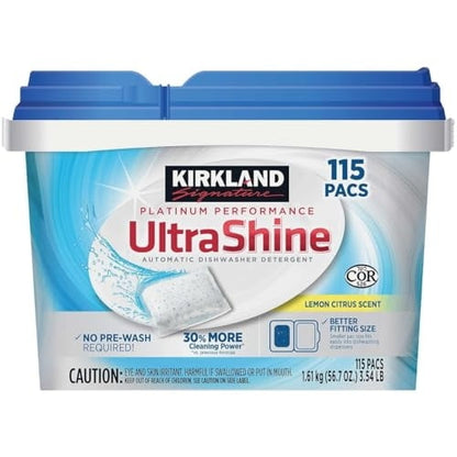 Kirkland Signature UltraShine Dishwasher Detergent Pacs, Lemon Citrus, 115 Ct