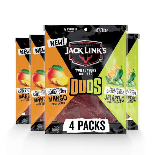 Jack Link's DUOsUMRT&nbsp;Jalapeño and Mango Beef Jerky, Shareable Under 100 Calories Snack Packs with 9g of Protein, Feed Your Beast Side With Individual Bags of Meat Snacks - 3.25oz (4 Count)