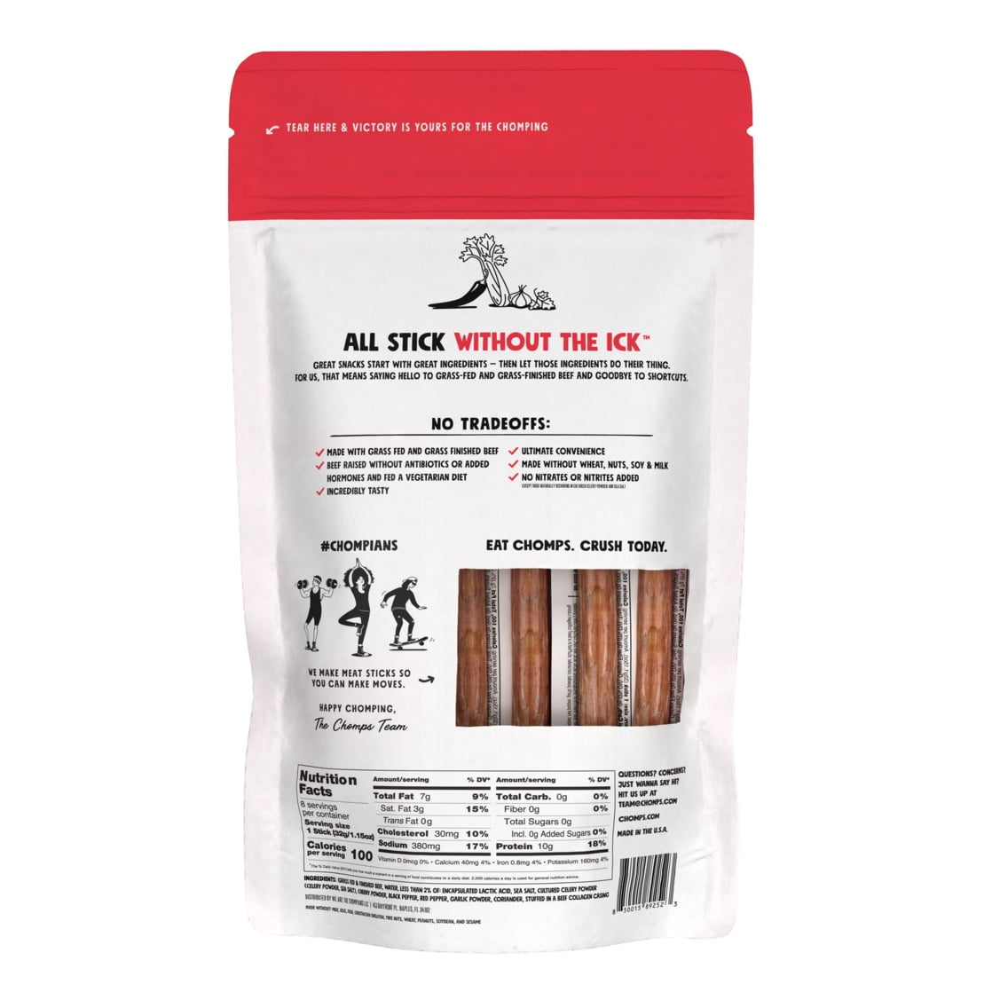 Chomps Grass-Fed and Finished Original Beef Jerky Meat Snack, 10g of Protein (8 Count)