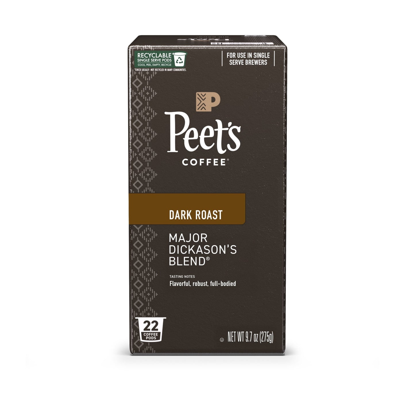 Peet's Coffee Major Dickason's Blend Premium Dark Roast Single Serve Coffee Pods, 22 Count