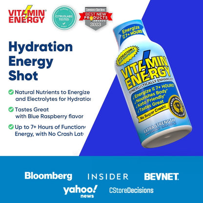 Vitamin Energy Hydration+ Energy Drink Shots, Blue Raspberry flavor, Up to 7+ Hours of Energy, 1.93 Fl Oz, 12 Count