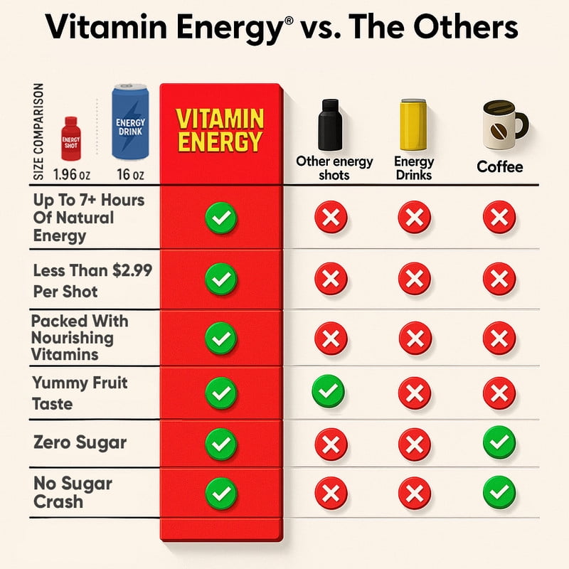 Vitamin Energy Hydration+ Energy Drink Shots, Blue Raspberry flavor, Up to 7+ Hours of Energy, 1.93 Fl Oz, 12 Count