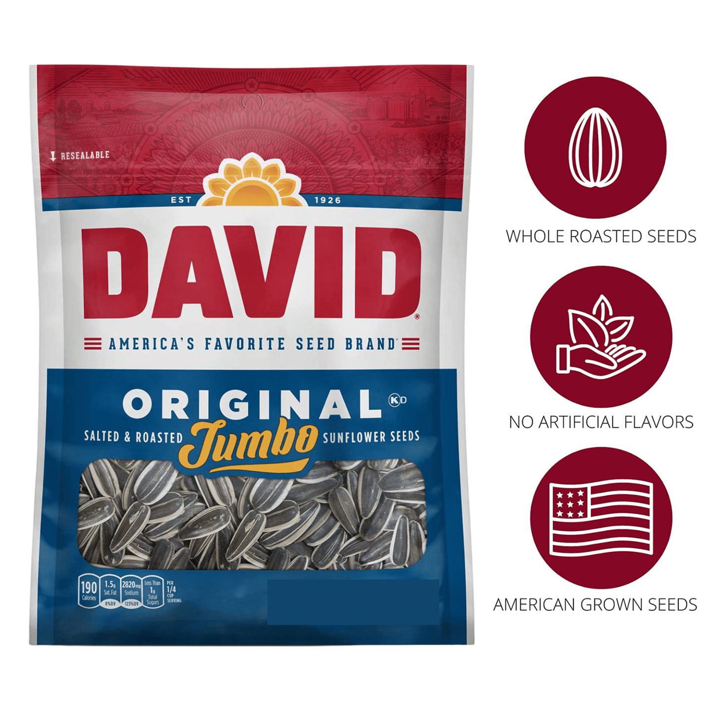 David Seeds Roasted and Salted Original Jumbo Sunflower Seeds, Gluten Free & Keto Friendly Seeds Snacks Great for On-the-Go Snacking Movie Nights Camping Picnic Halloween Trick or Treats 3.75oz- 2PK