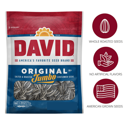 David Seeds Roasted and Salted Original Jumbo Sunflower Seeds, Gluten Free & Keto Friendly Seeds Snacks Great for On-the-Go Snacking Movie Nights Camping Picnic Halloween Trick or Treats 3.75oz- 2PK