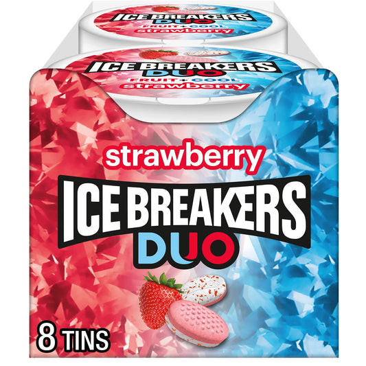 Ice Breakers Duo Fruit Plus Cool Strawberry Sugar Free Mints, Tins 1.3 oz, 8 Count