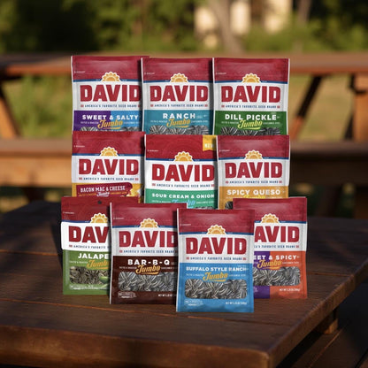 David Sunflower Seeds Variety Pack, 10 Bags May include BBQ, Dill Pickle, Ranch, Bacon Mac n Cheese, Buffalo Ranch, Sweet & Salty, Sweet & Spicy, Jalapeno, Sour Cream & Onion Or Spicy