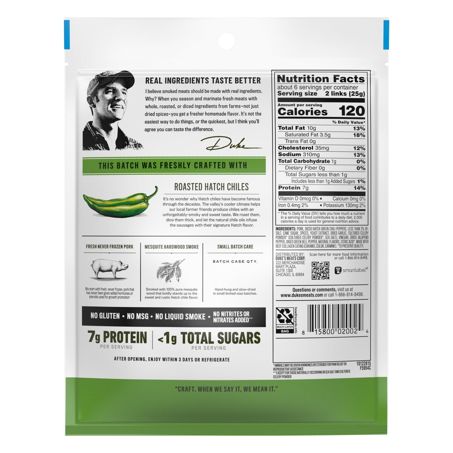 Duke's Pork Hatch Green Chile Smoked Shorty Sausages, 7g Protein Per Serving, 5 oz.