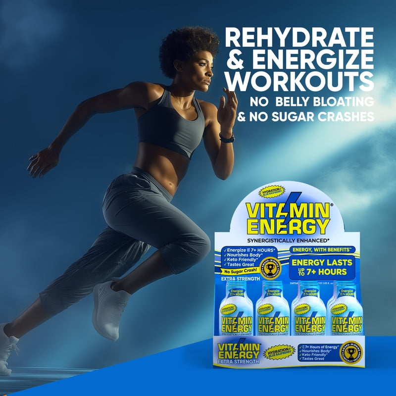Vitamin Energy Hydration+ Energy Drink Shots, Blue Raspberry flavor, Up to 7+ Hours of Energy, 1.93 Fl Oz, 12 Count
