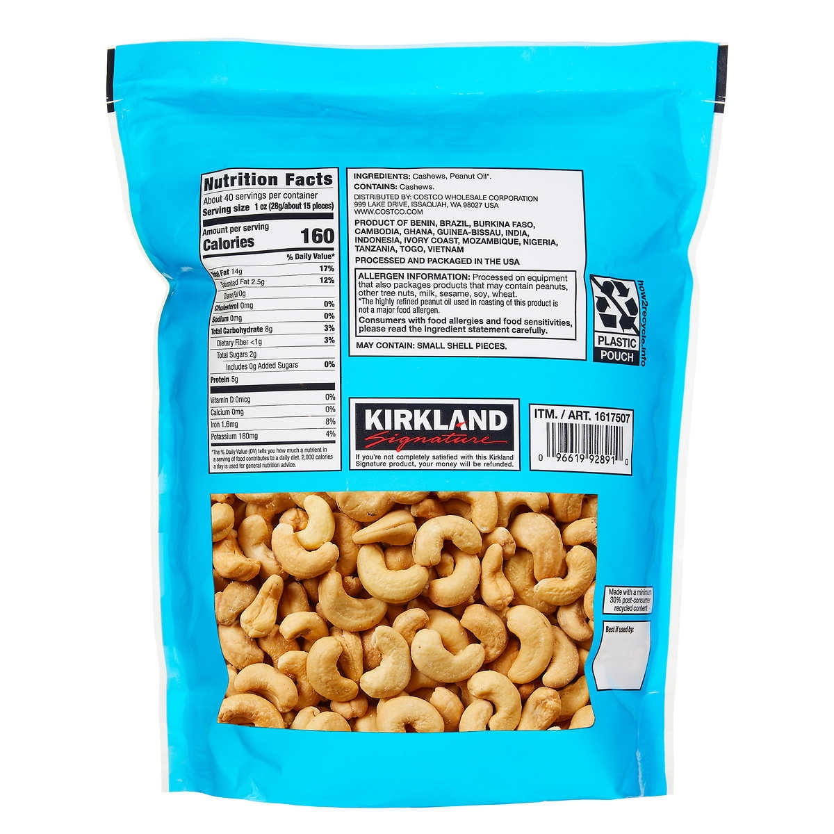 Kirkland Signature Fancy Whole Cashews Unsalted 2.5 Pounds