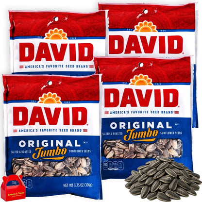 DAVID Original Jumbo Sunflower Seeds, 4-Pack (3.7 oz. Each) Bag, Roasted & Salted, Classic Flavor, Keto Friendly Low Carb Snack, High Protein Snack for Sports, Travel, On-the-Go 14.8 oz. Total